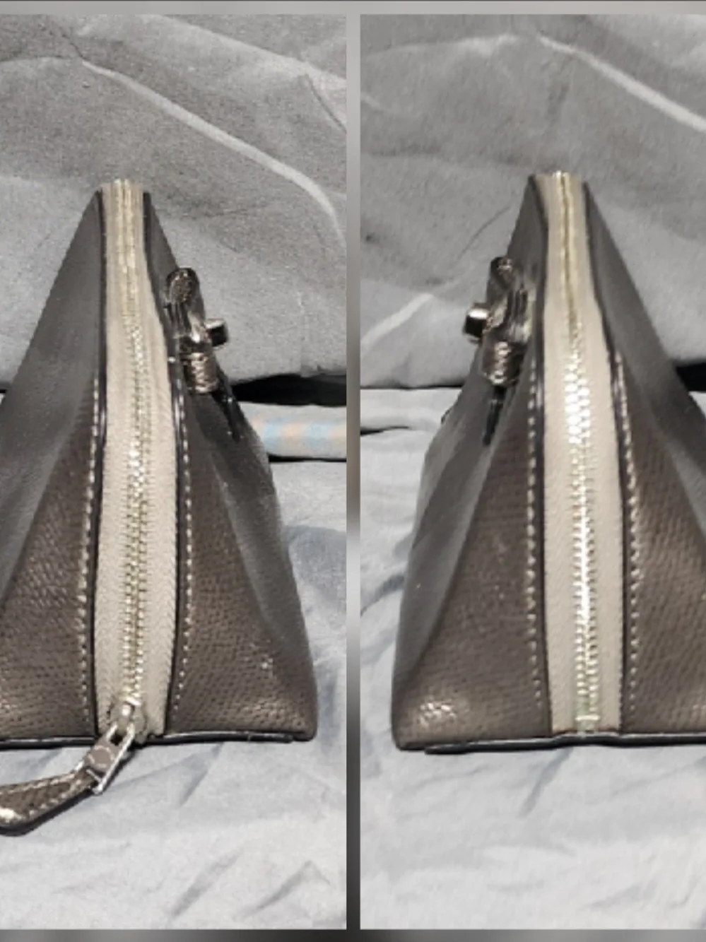 Coach Metallic Gunmetal Silver Leather Turnlock Cosmetic Pouch Makeup Bag Case